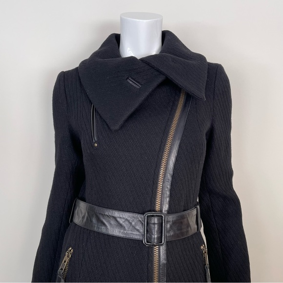 MACKAGE Funnel Neck Asymmetrical Zip Belted Wool Coat in Black - Picture 5 of 12